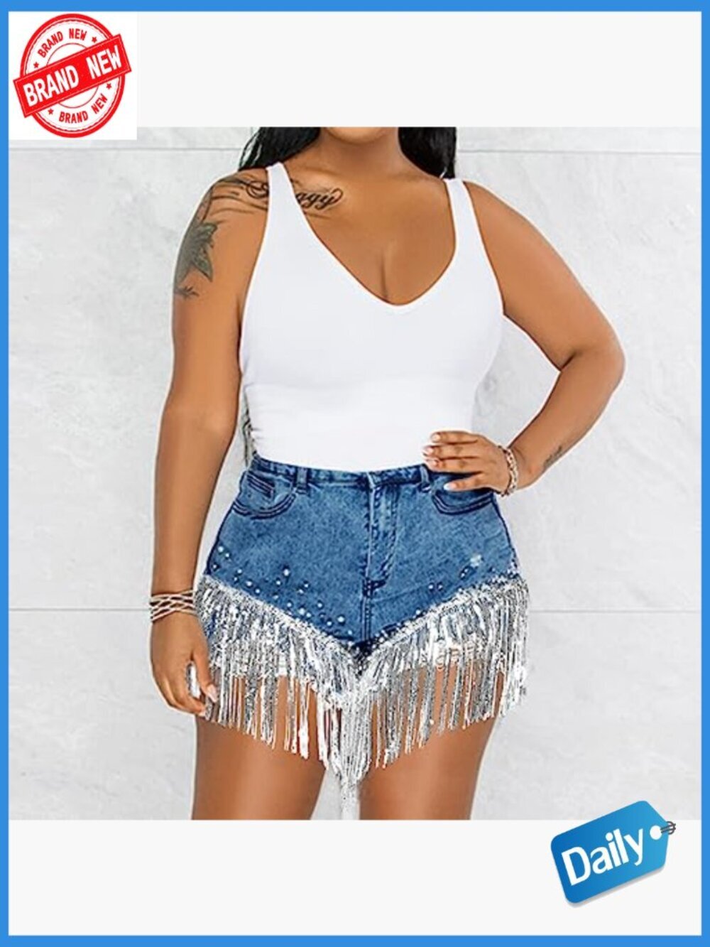 High Waisted Denim Shorts Ripped Frayed Raw Hem Tassels Jean Shorts - Picture 6 of 7